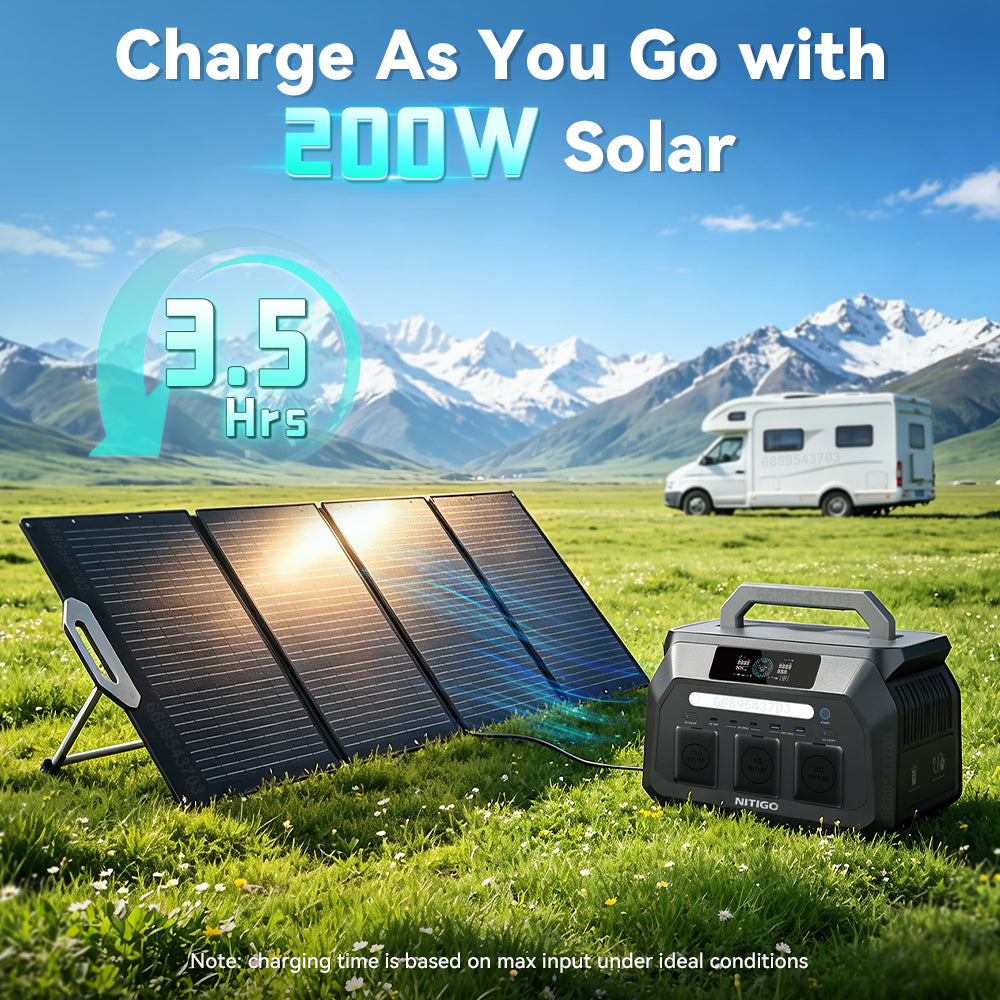 NITIGO P800 portable power station connected to a folding 200W solar panel beside an RV in a mountain meadow.