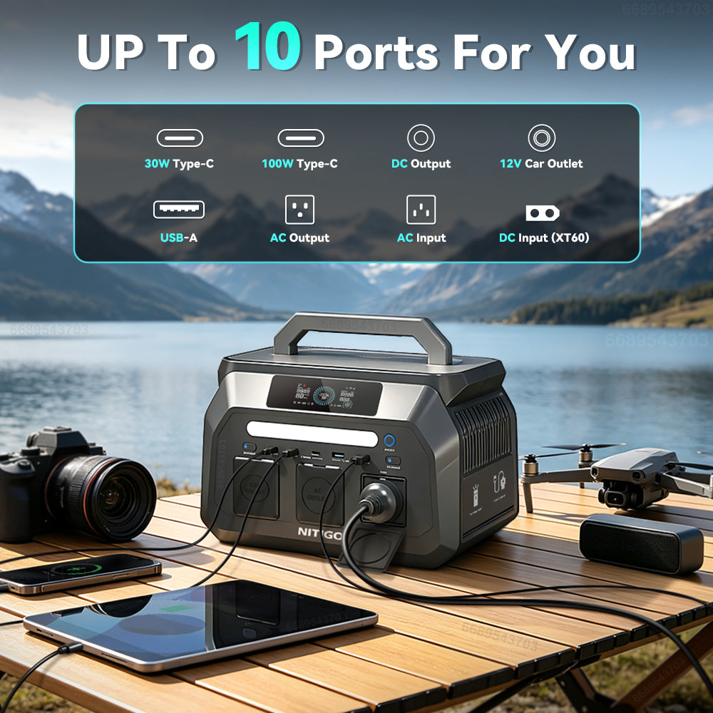 NITIGO P800 portable power station with USB-C, USB-A and AC connections, shown with a phone, tablet, camera and drone.