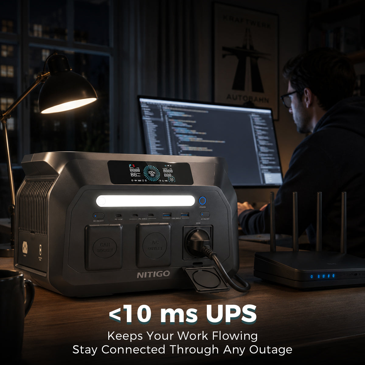 NITIGO P800 portable power station with UPS beside a computer and router in a home office; the graphic states a transfer time under 10 ms.