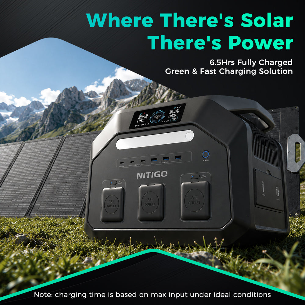 NITIGO P1800 1800W portable power station with a folding solar panel on grass in a mountain setting.
