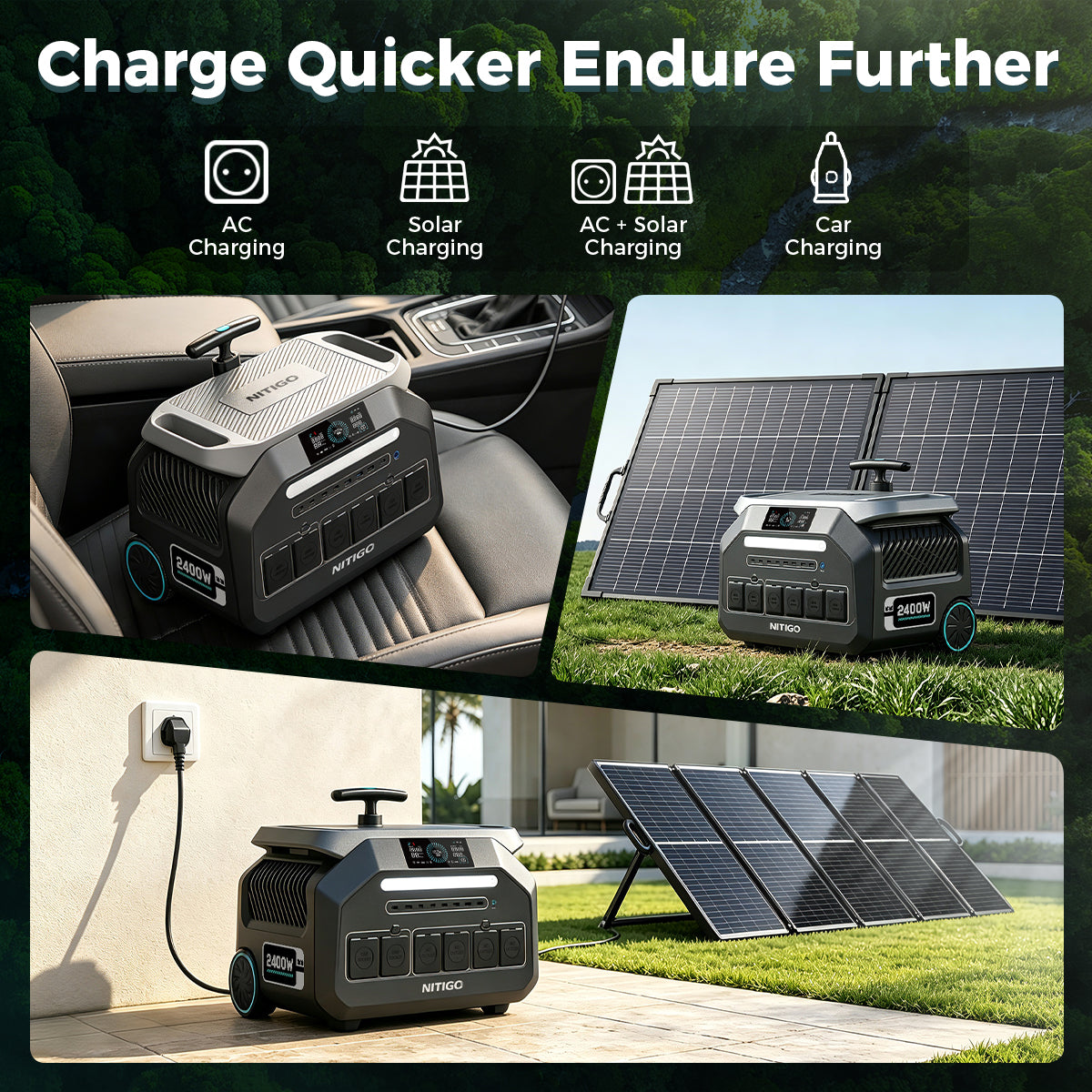 NITIGO P2400 portable power station shown with AC, solar, combined AC and solar, and car charging options.