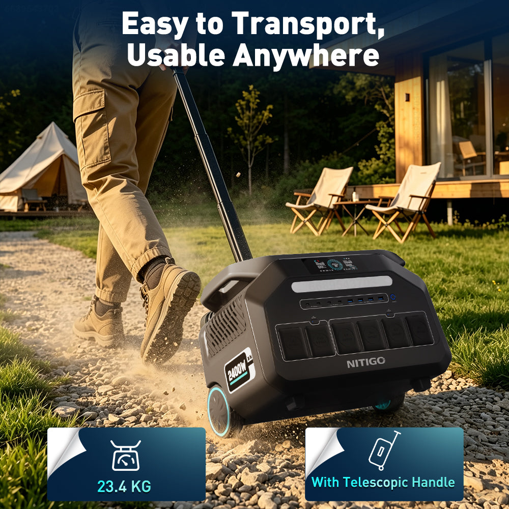 Person pulling a NITIGO P2400 portable power station with wheels and a telescopic handle along a gravel path at a campsite.