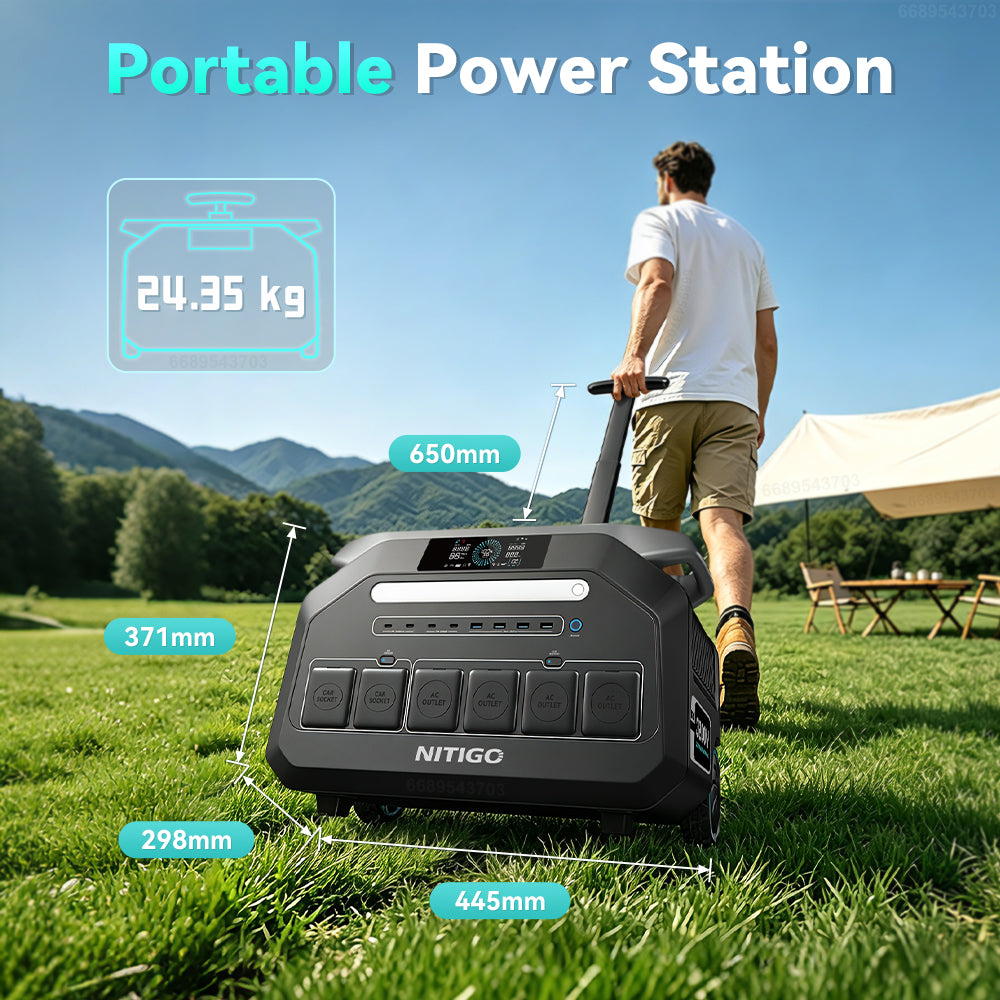 Person pulling a NITIGO P3200 portable power station with wheels and a telescopic handle at a campsite, with dimension labels