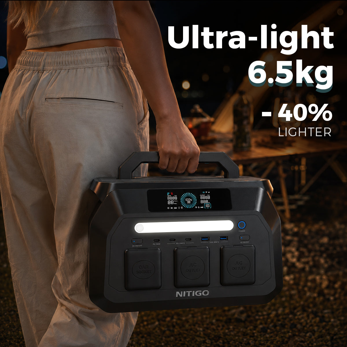 A person carrying the 6.5 kg NITIGO P800 portable power station by its handle at a campsite.